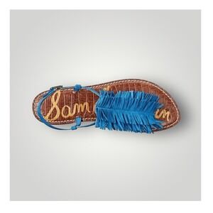 Sam Edelman Gela Sandals Womens 8 Blue Suede Leather Fringe Flat Thong Strappy
